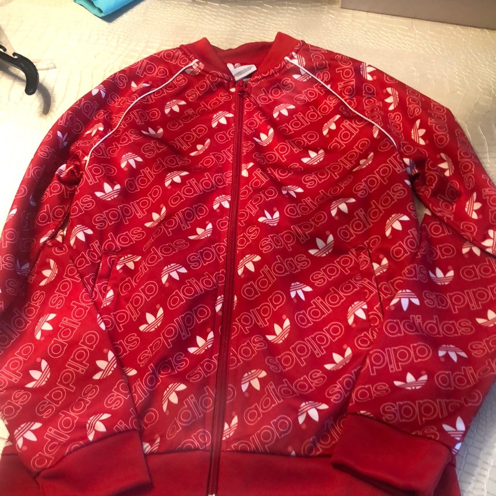 Adidas red zip up track suit size m 11-12y unisex